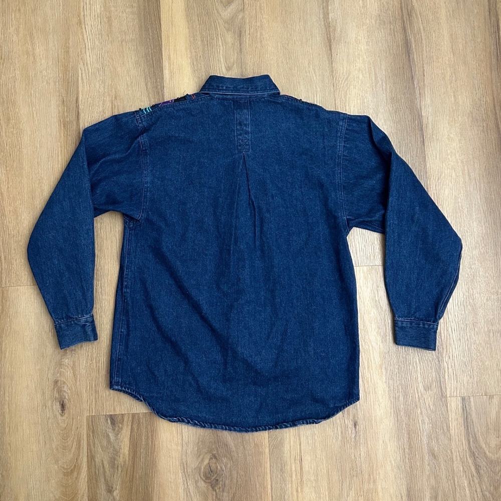 Vintage Western Denim Shirt Beaded Leather Patch Geometric Blue S long sleeve - Picture 2 of 6